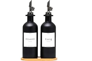 BIKALAN Essig und Ölflaschen Set, 500ml x 2 Ölflasche, Olivenöl Flasche Set, Ölspender, Automatisches Öffnen und Schließen Olivenöl Flasche, mit 22 Aufkleber, Trichter (Schwarz, 500ml)