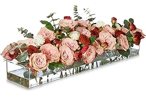 BOFUNX 60x10x6,5cm Jarrón Flores Rectangular de Acrílico 24 Agujeros 60CM Florero Transparente Vase Largo Decorativo Moderno para Arreglo Floral Decoración Hogar Centro de Mesa para Bodas Fiestas
