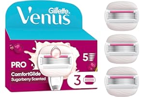 Gillette Venus Pro ComfortGlide Hojas Con Aroma Sugarberry Con Crema Hidratante Olay, 3 Recambios, Mango De Metal Reutilizable Y Soporte Para La Ducha