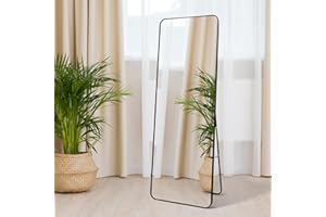 OWLKELA Miroir sur pied, 165 x 54 cm, angle rond avec cadre noir, miroir autonome ou suspendu, miroir de dressing, chambre à coucher, salon