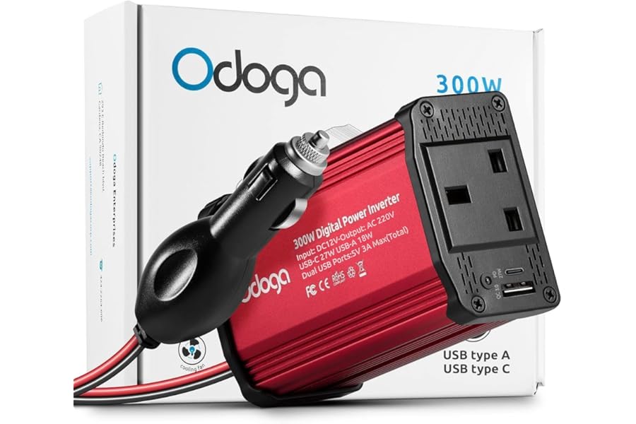 Odoga 300W Car Power Inverter 12V to 240V / 230V Converter, USB-A and USB-C 3A Charging Ports - Charge Your Laptop, iPad, iPhone, Tablet, Consoles & More - Durable and Powerful - Red Aluminum Body