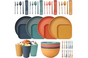‎CSYY 48 Teiliges Unzerbrechliches Geschirr Set, Wiederverwendbar Camping für 4 Personen Plastikgeschirr Picknick Leicht Bunt Grill Kunststoff Servierteller Schüsseln Besteck