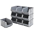 BiGDUG Plastic Parts Bins - Stackable or Wall Mounted Storage Boxes Garage Organiser - Pack of 10 - 125H x 150W x 240D mm - Grey