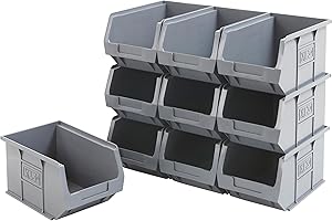 BiGDUG Plastic Parts Bins - Stackable or Wall Mounted Storage Boxes Garage Organiser - Pack of 10 - 125H x 150W x 240D mm - Grey