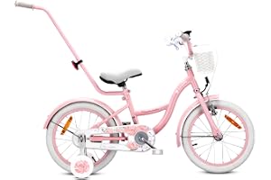 sun baby FLOWER BIKE Barncykel för en flicka 12 14 16 tum, Flickcykel 2-6 år, Cykel för barn med stödhjul, pushbar, justerbar sadel och styre