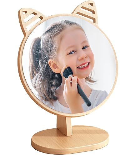 Miroir Maquillage Oreilles De Chat Sur Pied - Bois Naturel, 12 Cm, Inclinable, Pliable, Pour Chambre, Voyage, Déco Mignonne - 5