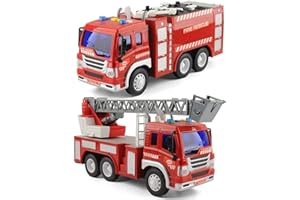 GizmoVine Pompier Enfant, 2PCS Camion de Pompier Enfant Jouet avec Lumières Sons, Pompier Jouet avec éChelle Rotative De Sauvetage Extensible Construction Cadeaux pour Garçon Fille 2 3 4 5 6 Ans