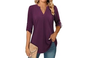 Siddhe Women's V-Neck Blouse, 3/4-Sleeve Tops, Tunic Tops, Loose Long Shirt, Casual T-Shirt, Long-Sleeved Shirt