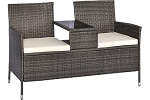 ‎OUTSUNNY Outsunny Polyrattan Gartenbank Gartensofa Sitzbank mit Tisch 2-Sitzer Stahl GrauB133 x T63 x H84cm