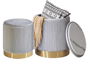 IBUYKE set di 2 ottoni rotondi con stoccaggio&decorazione anello in metallo,sgabello vanity in velluto per trucco,tavolino imbottito moderno sedile,sgabello multiuso poggiapiedi, grigio WBD016G