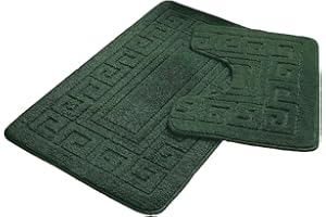 FAIRWAYUK Bathroom Mats Sets 2 Pieces, Ultra Plush Greek Pattern Bath Mat Anti Slip Pedestal Set, Extra Absorbent 100% Polypropylene Toilet Rug, Bathroom Accessory (Dark Green)