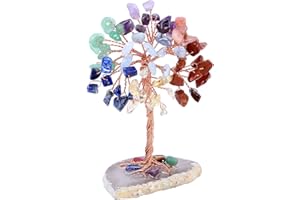 JOVIVI 7 Chakra Healing Crystal Money Tree,Mini Rainbow Gemstone Tree Feng Shui Ornaments Healing Crystal Tree Figurines,Agate Slice Geode Quartz Stone Stand for Home Office Decor