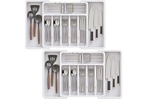 ABHENG Organizador de Cubiertos, Lot de 2, Organizador de Cajones para Utensilios de Cocina Extendible y Ajustable, Portacubiertos de Plástico con 9 Compartimientos,Blanco,AFD012W