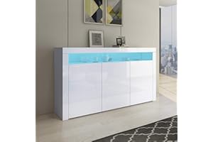 Senvoziii Sideboard Kommode 3 Türen Hochglanz Front mit LED Beleuchtung TV Lowboard Für Esszimmer Wohnzimmer Möbel 152x97x35cm Weiß