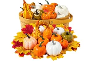 MANQYI 70 Pezzi Halloween Zucche Artificiali Set, Set di Zucche Artificiali, Ghiande Artificiali Pigne, Set di Decorazioni Autunnali, Mini Foglia di Bacche di Zucca, per Halloween, Ringraziamento, Feste