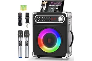 VOIJUMP Macchina per karaoke con 2 microfoni wireless, altoparlante portatile Bluetooth 5.3 con luci LED, regolazione bassi/acuti, sistema PA con telecomando, supporta FM/AUX/USB/TF per feste