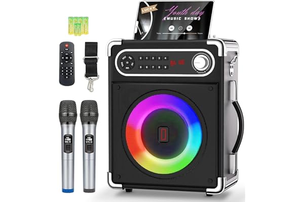 voijump Máquina de Karaoke con 2 micrófonos inalámbricos, Altavoz portátil Bluetooth 5.3 con Luces LED, Ajuste de Graves y Agudos, Sistema de PA con Control Remoto, Compatible con FM/AUX/USB/TF