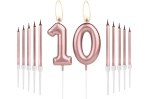 MCISKIN Girls 10th Birthday Candles Decorations, Number 10 Candle with Rose Gold Long Candles, Birthday Candles for Cake, Cake Candle Cake Topper for Women Birthday Party 10th Wedding Anniversary Celebrations