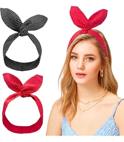 Prasacco 2 stuks polkadots hoofdbanden voor meisjes vrouwen, retro bandana hoofdbanden schattige stippen strik hoofdwikkel haaraccessoires voor vrouwen en meisjes (rood zwart