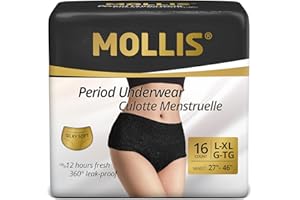 MOLLIS Bragas Menstruales Desechables para la Regla Mujer Postparto Ropa Interior Antifugas Flujo Abundante Negro Talla L/XL 16 Unidades