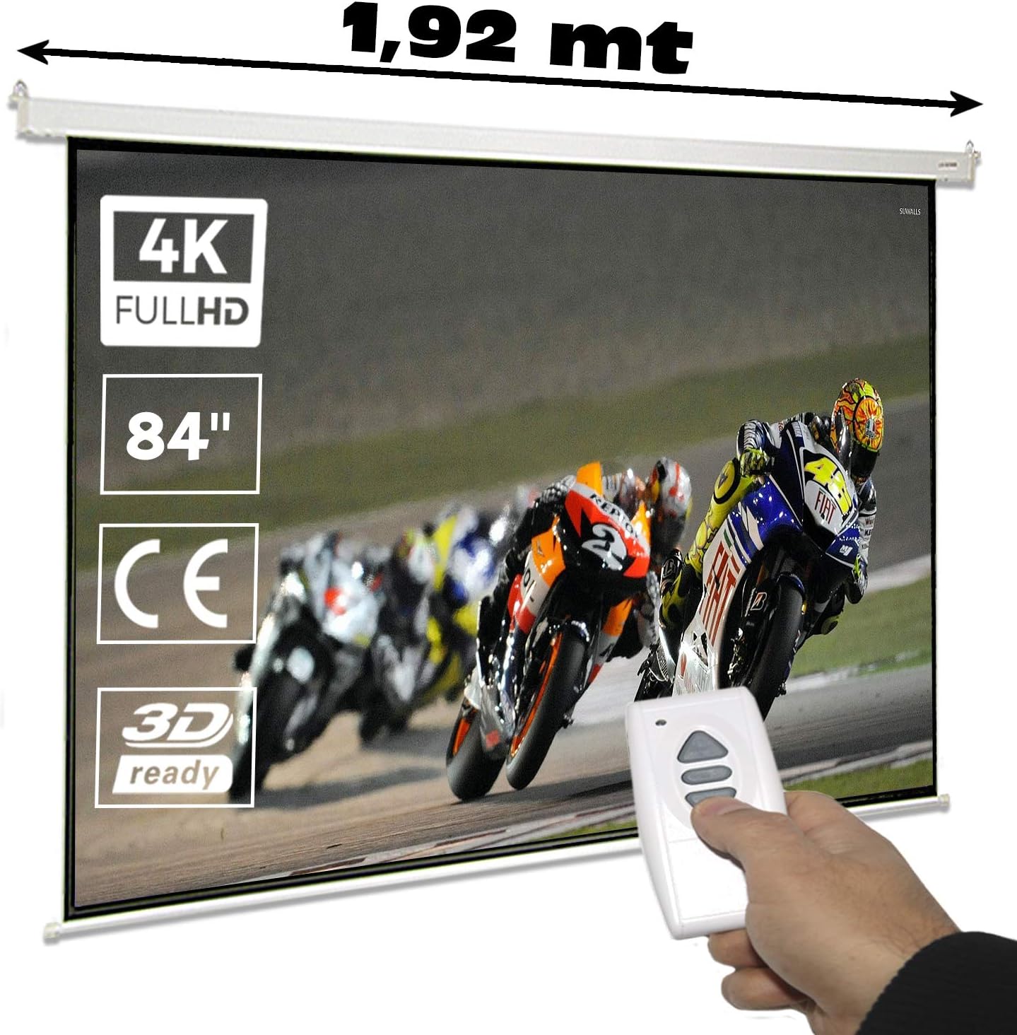 Pantalla de proyeccion electrica 84" para proyector, cajetin de Acero Lacado en Blanco, Pantalla para proyector electrica con Mando inalambrico, Auto Enrollable, Compatible con 4K (84 Pulgadas 4:3)