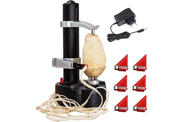 Éplucheur de Pommes de Terre Électrique, Éplucheur de Fruits et Légumes Automatique avec 6 Lames de Rechange, Adaptateur 6V Inclus