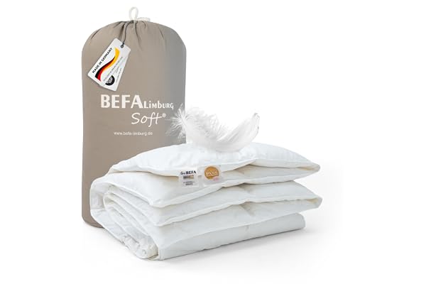 BEFA SOFT duntäcke året runt 240 x 220 cm | Fjädertäcke 90 % fjädrar och 10 % dun | andas och lättskött | för allergiker (NOMITE) | djurvälbefinnande (DOWNPASS)