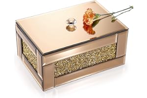 BTSKY Szklane lustrzane pudełko na biżuterię z kruszonymi diamentami organizer na kolczyki pierścionki biżuteria drobiazgi złote