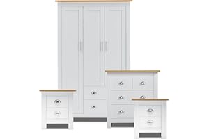 Blisswood 4 Piece Bedroom Set With 3 Door Wardrobe & 2+2 Drawer Chest of Drawer + 2 Drawer 2 Bedside Table Cabinet Bedroom Furniture Set for Bedroom Storage furniture (White & Oak)