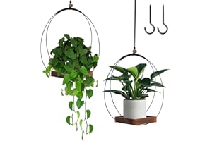 MUMISUTO 2 Piezas Macetas Colgantes,Soporte Colgante para Maceteros con Base de Madera,Macetero Colgante para Colgar con Anillo de Metal y lazo para Colgar,Maceta Colgante para Interior y Exterior(Negro)