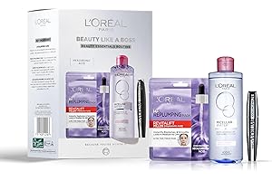L'Oreal Paris Beauty Like a Boss Giftset, Skincare Routine Powered by Hyaluronic Acid; Micellar Water + Replumping Tissue Mask + Mega Volume 24hour Collagen Mascara, Prep & Glow Everyday