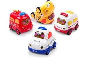 Umitive Bébé Voiture Jouets, 4 Pièces Différents Thèmes Dessin Animé Presse et Aller Ensemble de Véhicules avec Musique et Lumière, Jouets Cadeaux pour Fille Garçon Enfant de 1 2 3 Ans