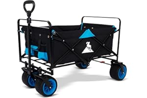 TOPWELL Folding Camping Cart Outdoor Wagon Trolley Transport Free Standing Collapsible Utility Grocery Canvas Fabric Rolling Buggies Garden Sport Wagons（Black/Blue）