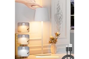skelo Lámpara de Mesa Inalámbrica Regulable Táctil LED con Batería,4000mAh, 3 Temperaturas de Color, Adecuada Para Interiores y Exteriores, Material Metálico USB-C, Blanco, 1 Pieza