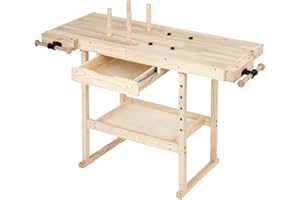 TIMBERTECH® Tavolo da Falegname - in Legno di Pino, con Cassetto e Ripiano, 2 Morsetti, 4 Pioli, Portata Massima 200kg - Banco da Lavoro, Officina