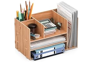 jopoo Desk Tidy Organiser Wooden Office Letter Tray File Rack Holder Sorter for A4 Papers, Pens, and Magazine