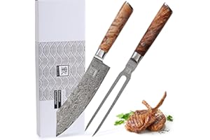 ‎ZAYIKO zayiko 2er Damast Tranchier-Set Blockmesser Klinge 19,50 cm & Tranchiergabel Klinge 18 cm | Fleischmesser & Fleischgabel aus schwarzen japanischen Damaststahl mit Wurzelholzgriffen Birke Serie Kinone