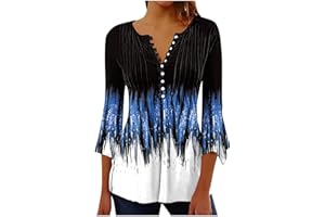 NUSGEAR Camiseta Manga Corta Mujer Verano 2023 Moda Impresión Camisa 3/4 Manga Blusa Cuello en V Botones Plisada Camiseta Elegant Suelto Tops Casual Fiesta Cómodo T-Shirt Original tee Playa