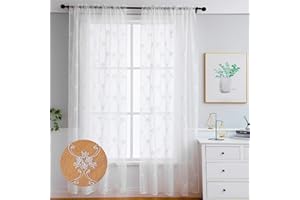 LIVETTY Original Net Curtains 84 Inch Drop 2 Panels Set Windows White Eyelet, Transparent Linen Style Voile 3D Floral Classic Embroidery for Bedroom, Living Room, Kitchen