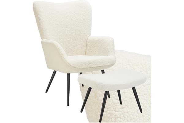 tectake® Fåtölj med fotpall, vadderad, runda stålben, enkel montering | belastningskapacitet ca. 150 kg, plastkåpor som skonar golvet, ergonomiskt arm- och ryggstöd, fluffigt bouclé kräm