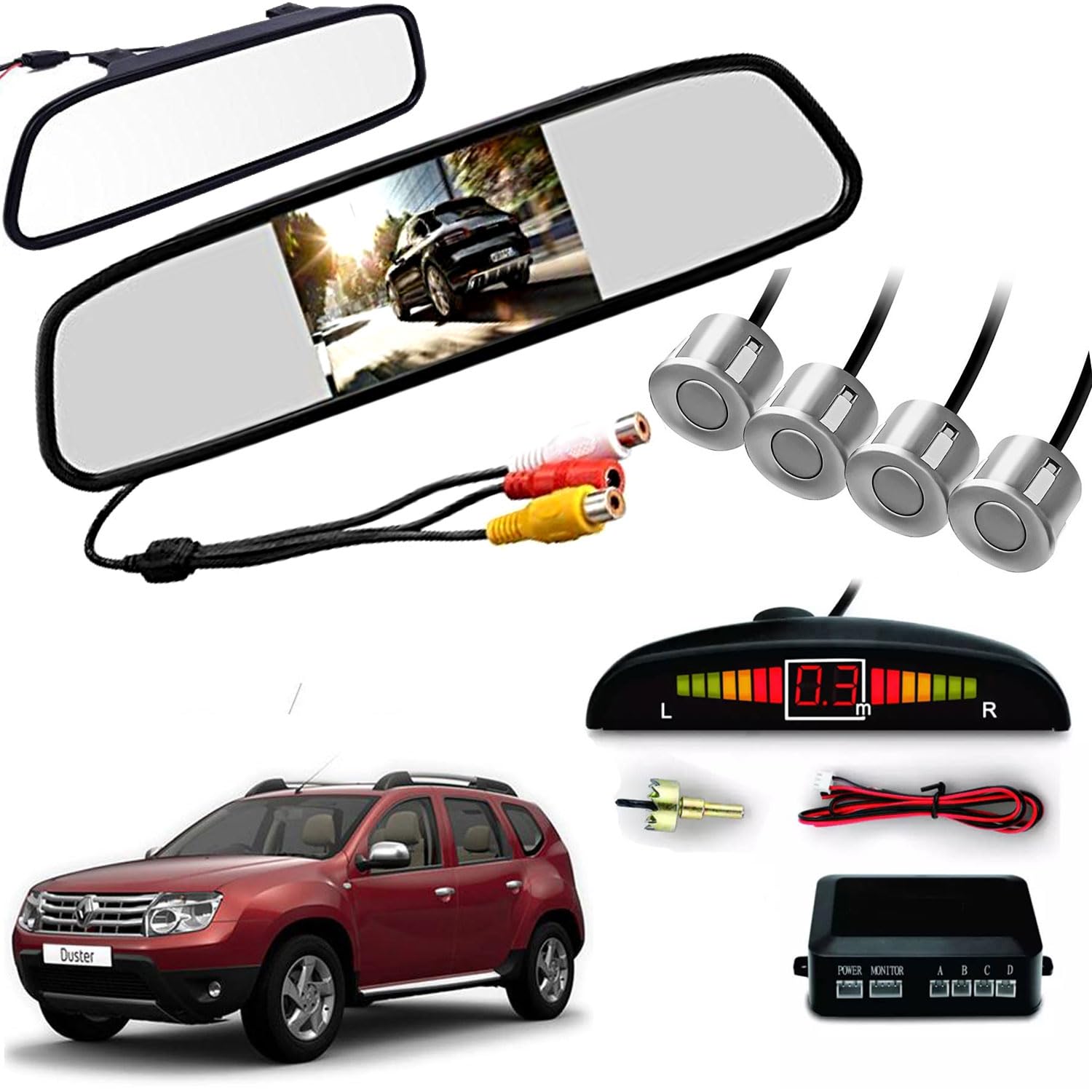 Auto Pearl 4.3 Inch TFT LCD Rearview Mirror Parking Video System with 16.5 MM for Reverse HD Camera, 4 Silver Parking Sensors Compatible with Duster-2012-2016