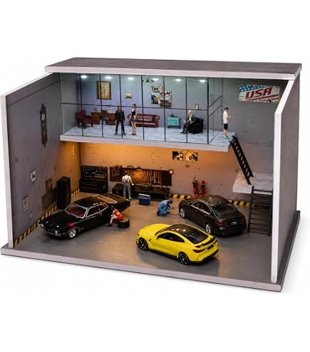 Qianly Présentoir de Parking 1:64, vitrine de Garage de véhicule, vitrine de collection éclairée pour modèles de voitures, accessoire d'aménagement, brun