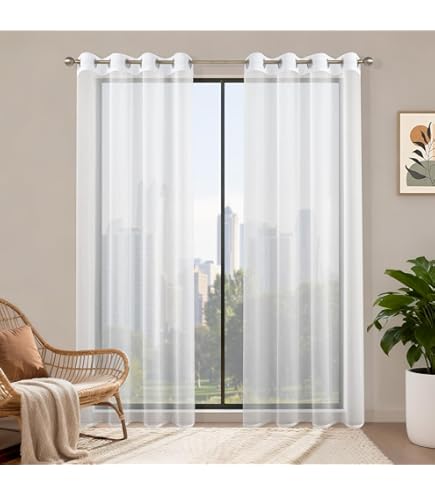 WOLTU VH6056ws-2,2 Transparante Bloemenborduurgordijnen met krulband in linnenlook,Doorschijnend gordijn 140x225cm decoratief voor woonkamer,Wit