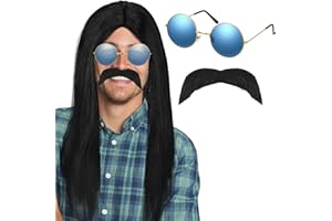 Geosar 3 Pcs Hippie Costume Set, Including Straight Long Hippie Wig Funky Sunglasses and Moustache 50/60/70s Fancy Dress for Men Women Hippy Theme Party Cosplay
