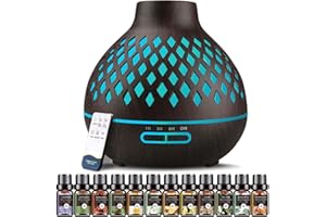 Aeshory 550ml Diffusore Di Aromaterapia Con 12 X 5 Ml Oli Essenziali, Diffusore Di Aroma Umidificatore Ambiente, Telecomando, Luce Led A 7 Colori, 4 Timer, Spegnimento Automatico, Nero