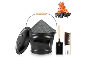 STARANRY Cubo Tapa, 6L Cubo Cenizas con Tapa, Accesorio Chimenea con Pala, Escoba, Cubo de Cenizas de Metal para chimeneas, Estufas de leña, Carbón y Ceniza