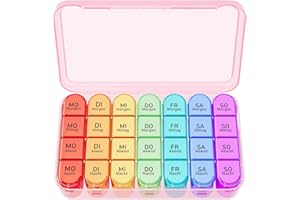 ZOKSI Pillendose 7 Tage 4 Fächer, Tablettenbox 7 Tage Morgens Mittags Abends, Medikamentenbox 7 Tage 4 Fächer, Große Tragbar Medikamentenbox zur Aufbewahrung von Tablets (Abnehmbar/Rosa Gehäuse)