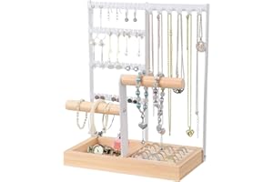 BestAlice Jewelry Organizer Stand Necklace Holder, 4 Tier Jewelry Tower Rack with 6 Hooks Necklace Organizer, Jewelry Stand with Earring Tray and Holes for Rings Watches (8.8x4.7x11inch, White)