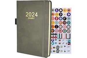 HOYUNLL 2024 Diary A5 Page A Day,Productivity Diary 2024 Day Per Page Daily Planner from Jan 2024 to Dec 2024 with Monthly Tabs, Bookmark, Pen Loop,Planner Sticker and Inner Pocket (Grey)