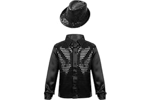 inhzoy Enfant Garçon Fille Chemise Paillette avec Chapeau Sequins Brillant Costume Danse Moderne Jazz Vêtements Danse Hip-hop Disco Performance Déguisement 4-14 Ans